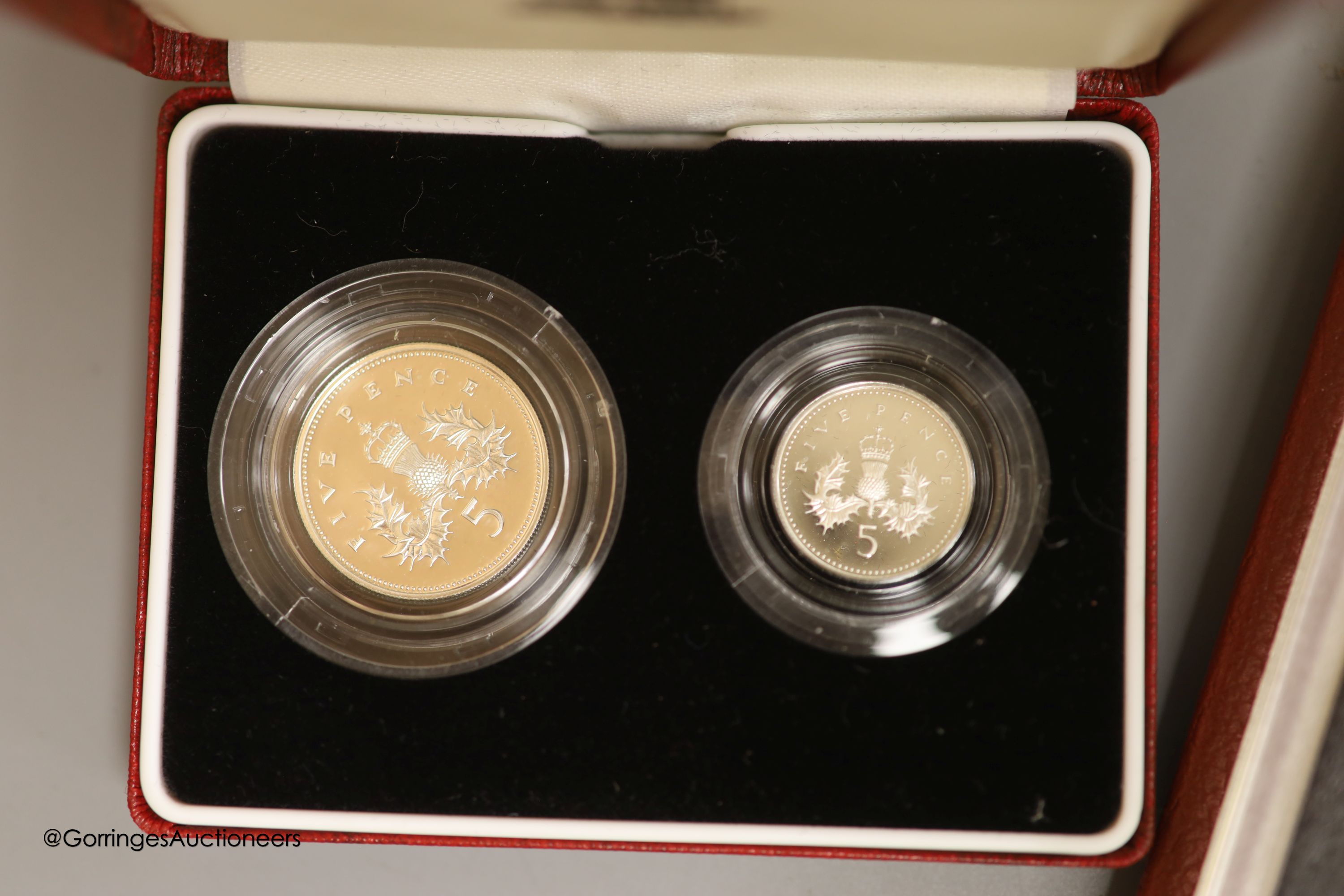 A Royal Mint UK 1993 proof coin collection set and a 1990 silver proof five pence 2 coin set